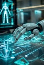 Hand and fingers of robot android checking electronic digital panel