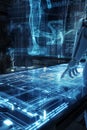 Hand and fingers of robot android checking electronic digital panel