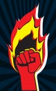 Hand on fire. Red fist as symbol of perseverance. Concept of resistance, revolution. Use for printing on T-shirts, paper