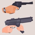 Hand firing with gun protection ammunition crime military police firearm hands vector.