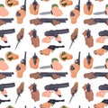 Hand firing with gun protection ammunition crime seamless pattern background military police firearm hands vector.