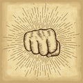 Hand drawn hand gesture. Fist on old craft paper texture background. Linear vintage style sun rays. Royalty Free Stock Photo