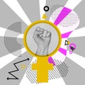 Hand in fist as pop art abstract style. I can do it. Be strong. Feminism Protest sign on grey rays sun background. Mirror of Venus