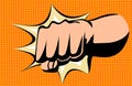 Hand fist with comics background. Blow fist flat cartoon banner. Vector hand strike as a concept energy and power