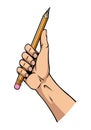 Hand fist holding pencil. Power of art concept. Tools for drawing. Motivation poster tool for drawing. Vector