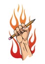 Hand fist holding pencil. Power of art concept. Tools for drawing. Motivation poster tool for drawing. Vector