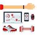 Set of fitness equipment, app on device, sneaker and hand with bracelet vector icon flat isolated. Royalty Free Stock Photo