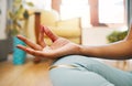 Hand, fitness or woman in yoga lotus pose for meditation, awareness or healthy wellness lifestyle. Chakra, calm or Royalty Free Stock Photo