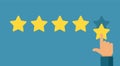 Hand and five star rating. Online positive customer feedback, good service quality. Best result, reputation company flat Royalty Free Stock Photo