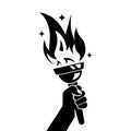 Hand with flaming torch. Sports concept victory. Black icon.