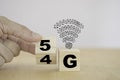 Hand flipping wooden block for change 4G to 5G. 5 Generation wireless technology of mobile signal which big change for internet of