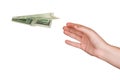 Hand and flying money plane