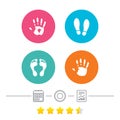 Hand and foot print icons. Imprint shoes symbol.