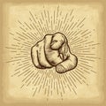 Hand drawn hand gesture. Forefinger on old craft paper texture background. Linear vintage style sun rays. Royalty Free Stock Photo