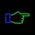 Hand with forefinger pointing forward neon sign. Bright glowing