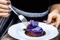 Hand, fork and eating chocolate dessert. Closeup, cake on plate. Closeup woman& x27;s hand hold a fork to slice of Royalty Free Stock Photo