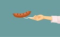Hand with Fork Holding a Delicious Sausage Vector Cartoon Illustration