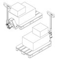 Hand fork lift truck and pallet isometric outline drawing