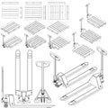 Hand fork lift truck and pallet isometric outline drawing