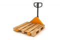 Hand forklift with wooden pallets. Royalty Free Stock Photo