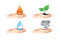 Hand with four nature element. Fire, Air, Water, Earth