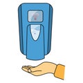 Hand free sanitizer. Wall mounted soap automatic dispenser. Automated contactless restroom equipment with sensors. Touch less hand