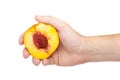 Hand with a fresh juicy peach split in half isolated on a white Royalty Free Stock Photo