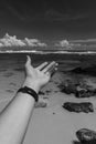 hand in front of beach landscape scene in black and white