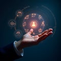Hand With Futuristic Digital Interface: Central User Icon And Neon Circular Tech Icons For Modern Digital Solutions Royalty Free Stock Photo