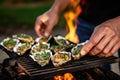 hand garnishing grilled oysters with chopped parsley