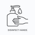 Hand gel flat line icon. Vector outline illustration of antibacterial soap in bottle. Disinfect hands thin linear