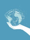A hand gently cradles a globe connected by lines symbolizing global connection internet technology communication and the power Royalty Free Stock Photo