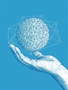 A hand gently cradles a sphere connected by lines symbolizing global networking interconnectedness digital technology