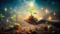 Hand gently holding a sprouting plant, surrounded by small fruit trees in rich soil, under a magical sky. Generative AI Royalty Free Stock Photo