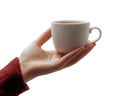 A hand gently holds a steaming cup of tea, isolated on a transparent background Royalty Free Stock Photo