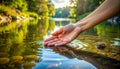 Hand Gently Touching Rippling Water in a Sunny River Setting ripple surface Royalty Free Stock Photo