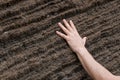 Hand on Geological sandstone rock formation in Royalty Free Stock Photo