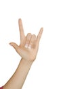 Caucasian female using hand gestures to say I love you isolated on a white background Royalty Free Stock Photo