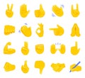 Hand gesture emojis icons collection. Handshake, biceps, applause, thumb, peace, rock on, ok, folder hands gesturing. Set of diffe Royalty Free Stock Photo