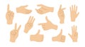 Hand gesture finger vector flat sign. Three set pose hand gestures pointing cartoon human sign Royalty Free Stock Photo