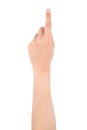 Hand gesture - forefinger, isolated on a white background. female palms indicate something, blank for your design, top view.