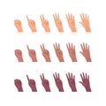 Hand gesture icon collection. Vector flat multiracial llustration set. Caucasian, african american and indian ethnic. Finger count Royalty Free Stock Photo