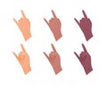 Hand gesture icon collection. Vector flat multiracial llustration set. Rock and roll arm sign. Caucasian, african american and Royalty Free Stock Photo