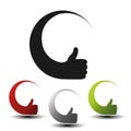 Hand gesture icons for advertising text. Black, red, silver and green circular symbols. Buttons or labels of best choice.