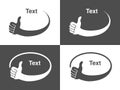 Hand gesture icons for advertising text, dark grey and white circular symbols, monochrome best choice labels