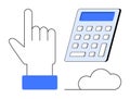 Hand pointing towards a calculator with a cloud, symbolizing digital computing and analysis Royalty Free Stock Photo