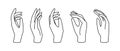 Hand gesture linear vector illustration. Thin female hand as a symbol of blessing, mercy, farewell, prayer and gratitude