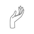 Hand gesture linear vector illustration. Thin female palm as a symbol of blessing, mercy, farewell, prayer and gratitude