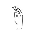 Hand gesture linear vector illustration. Thin female palm as a symbol of blessing, mercy, farewell, prayer and gratitude