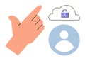 Hand gesture pointing towards a cloud with a lock above a user avatar icon, symbolizing security Royalty Free Stock Photo